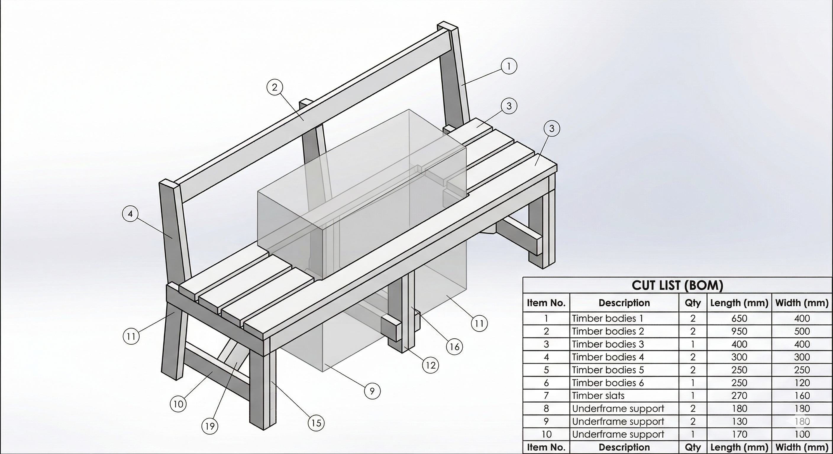 SolidWorks model with cut list